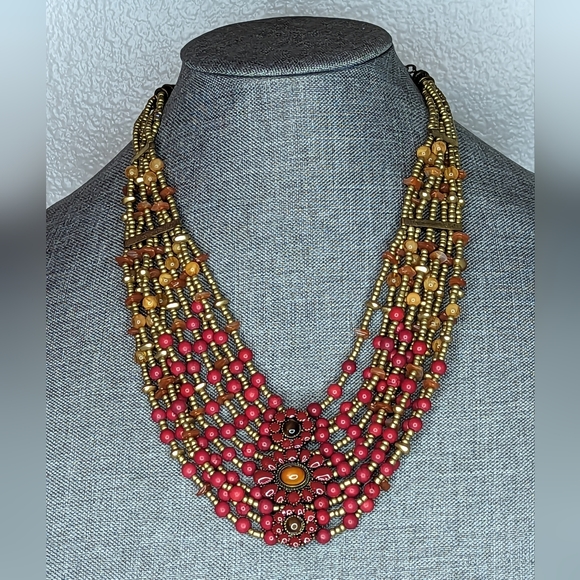 Vintage Chico's Jewelry - Vintage Chico's Multi Strand Collar Necklace Red,Gold,Tan Glass Beads